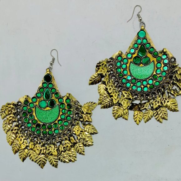 Trendy Boho Green Earrings, Oversized Kuchi Classic Earrings,Tribal Afghan - Picture 1 of 5